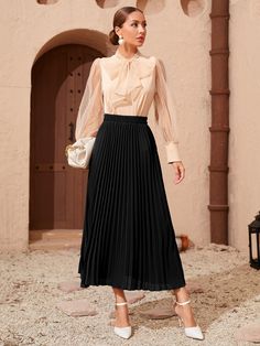 Black Elegant   Polyester Plain Pleated  Slight Stretch Spring/Summer/Fall Women Bottoms Luxury Traditional Black Skirt, Luxury Elegant Skirt For Holidays, Luxury Formal Skirt For Fall, Chic Luxury Pleated Skirt, Luxury Elegant Pleated Skirt For Spring, Luxury Pleated Long Skirt, Chic Luxury Skirt For Day Out, Luxury Feminine Skirt For Fall, Black Fall Skirts