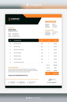 an invoice form with orange and black accents