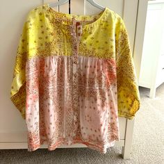 Nwt. Pretty Blouse With Fun Detail. Sleeves Are 3/4 Length. Fit Is Relaxed. Yellow Bohemian Blouse For Daywear, Casual Yellow Long Sleeve Peasant Top, Yellow Bohemian Long Sleeve Peasant Top, Bohemian Yellow Long Sleeve Peasant Top, Yellow Long Sleeve Bohemian Peasant Top, Yellow Long Sleeve Cotton Blouse, Yellow Cotton Long Sleeve Blouse, Yellow Floral Print Top For Daywear, Long Sleeve Yellow Cotton Blouse