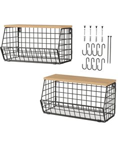 two metal baskets with hooks and pegs on the top one has a wooden shelf