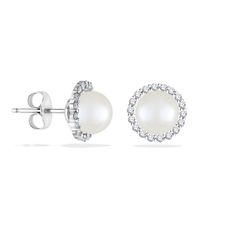 14K Yellow Gold Halo Stud Earrings with 6.5mm White Akoya Pearls and 0.27 Carats (total weight) of Diamonds. The earrings measure approximately 3/8" in diameter. Pearl Halo, Halo Stud Earrings, Halo Earrings Studs, Gold Halo, Akoya Pearls, Fine Jewels, Halo, Diamonds, White Gold