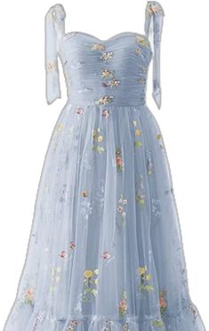 Blue Floral Applique Gown For Party, Blue Floral Applique Prom Dress, Blue Wedding Dress With Floral Applique, Blue Floral Applique Dress For Prom, Blue Floral Applique Wedding Dress, Blue Spring Banquet Dress, Light Blue Tulle Dress With Floral Applique, Blue Floral Embroidery Wedding Dress, Blue Floral Embroidery Dress For Wedding