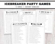 four icebreaker party games with text overlay that reads, 5 games instant printable