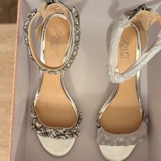 Nwt And In Box. Badgley Mischka Caroline Silver Sandal Embellished With Stones, 3 Inch Stiletto Heel With Zipper And Ankle Strap. Embellished Synthetic Sandals For Wedding, Silver Sandal, Badgley Mischka Shoes, Silver Sandals, Badgley Mischka, Stiletto Heel, Shoes Women Heels, Stiletto Heels, Ankle Strap