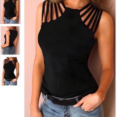 Black Tank Top Which Beautiful Top Design. New From Boutique Look Casual Chic, Sleeveless Tops Summer, Tank Top Straps, Womens Tops Summer, Women Tunic Tops, Solid Clothes, Casual Tank Tops, Cut Shirts, Womens Tunics