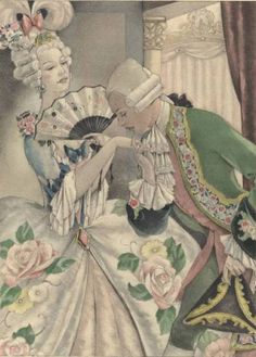 an illustration of two women dressed in period clothing, one holding a fan and the other looking down