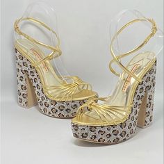 Never Worn With Card And Box. Size 37.5 Retail For $880 Color: Gold Leopard Sophia Webster's Rue Sandals Feature A Metallic Mignon Upper And A Leopard-Print Crystal-Wrapped Platform Sole. Leather Upper Open Toe Adjustable Buckle Closure Lining: Leather Leather Sole Imported Block Heel, 5.5" (140mm) Platform Height, 1.5" Luxury High Heel Embellished Sandals, Luxury Embellished High Heel Sandals, Luxury Wedding Sandals With Reinforced Heel, Luxury Embellished Ankle Strap Heels, Embellished Patent Leather Open Toe Sandals, Designer Leather Sandals With Rhinestones, Luxury Gold Platform Heels, Luxury Gold Platform Sandals, Luxury Block Heel Sandals For Gala