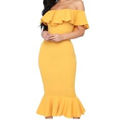 Very Flattering Mustard Yellow Midi Dress With Beautiful Ruffles Size: S Nwt Just Gorgeous & Mermaid Style !! Mustard Yellow Midi Dress, Mermaid Fit, Mustard Fashion, Yellow Midi Dress, Ruffle Midi Dress, Fashion Nova Dress, Coral Red, Sweater Dress Midi, Mermaid Fashion