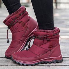 Winter Warm Women Boots Waterproof Snow Boots Plush Ankle Shoes Woman Red Black Boot Ladies Botas De Mujer Invierno Nuevas Red Winter Boots With Round Toe, Red Boots With Round Toe For Winter, Red Round Toe Boots For Winter, Winter High Ankle Walking Boots, High Ankle Winter Boots For Outdoor, High Ankle Boots For Winter Outdoor, Red Flat Heel Winter Boots, Winter Hiking Boots With Padded Ankle, Red Flat Heel Boots For Winter