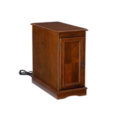 a wooden cabinet with an electrical outlet plugged into it