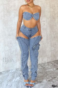 Bjux - Elegant Sleeveless Denim Tube Top and Pant Combination Denim Two Piece, Denim Tube Top, Tube Bra, Denim Party, Strapless Backless Bra, Two Piece Outfits, Suits Clothing, Denim Outfits, High Fashion Outfits