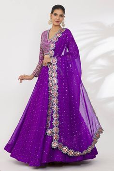 Purple lehenga with sequin, mirror, zari thread embroidery. Paired with embroidered blouse and cutwork border embroidered dupatta. - Aza Fashions Purple Palazzo Set With Zari Work For Navratri, Purple Semi-stitched Palazzo Set With Mirror Work, Semi-stitched Purple Palazzo Set With Mirror Work, Bollywood Style Purple Palazzo Set With Mirror Work, Purple Palazzo Set With Mirror Work For Festive Occasions, Dabka Work Floor-length Palazzo Set In Dola Silk, Floor-length Dola Silk Palazzo Set With Dabka Work, Diwali Purple Palazzo Set With Mirror Work, Navratri Reception Palazzo Set With Gota Work