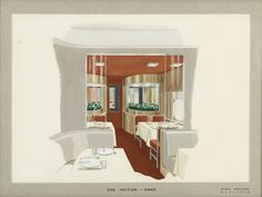 a drawing of a dining area in a train car