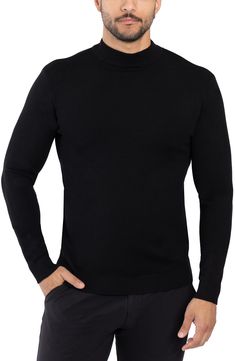 Update your winter wardrobe with this mock neck sweater that is perfect to wear for a polished, refined look. 28" length (size Large) Mock neck Long sleeves 50% nylon, 30% viscose, 20% polyester Dry clean Imported Model stats: 6'1" height, 32" waist. Model is wearing size Large. Classic Black Turtleneck Sweater, Black Classic Turtleneck, Black Turtleneck Classic Polo Sweater, Classic Black Turtleneck Polo Sweater, Black Classic Funnel Neck Turtleneck, Black Turtleneck With Ribbed Cuffs For Work, Black Crew Neck Polo Sweater For Work, Black Turtleneck Polo Sweater For Winter, Black Turtleneck Sweater With Ribbed Collar