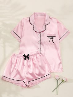 2pcs/Set Women's Bow Embroidered Satin Summer Pajama Set, Short Sleeve Button-Down Shirt And Shorts, Casual Loungewear For Summer. Pink Casual-Young  Short Sleeve Satin Geometric,Letter,Plain Short Sets Slight Stretch All,Spring/Summer Women Sleep & Lounge, size features are:Bust: ,Length: ,Sleeve Length: Sleep Outfit Cute, Sleeping Outfits, Ideas Regalo, Summer Pajama Set, Pink Clothes, Pink Pajamas, Summer Pajamas, Shirt And Shorts, Satin Pyjama Set