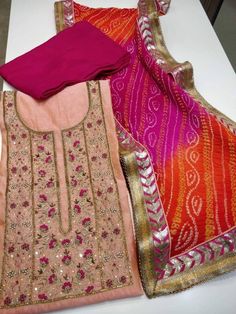 ATHARVA Hand Embroidered Salwar Kameez in Pink w/Neck | Etsy Pink Chanderi Churidar For Transitional Season, Navratri Kurta With Resham Embroidery On Chinon, Navratri Kurta With Resham Embroidery In Chinon, Transitional Pink Salwar Kameez With Gota Work, Navratri Kurta With Gota Work, Bollywood Style Churidar With Gota Work For Navratri, Straight Kurta With Gota Work In Chinon, Chinon Straight Kurta With Gota Work, Pink Bollywood Style Churidar For Transitional Season