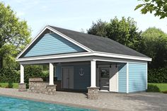 a small pool house next to a swimming pool