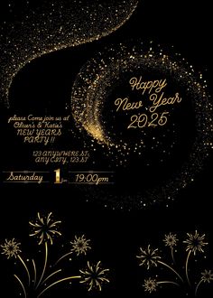 a black and gold new year's eve party flyer with fireworks in the background