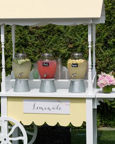 three jars filled with liquid sitting on top of a white table next to a green bush