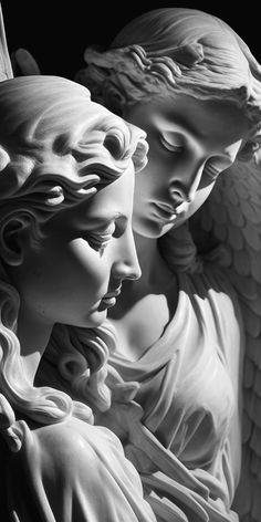 black and white photograph of two angel statues with their heads touching each other's shoulders