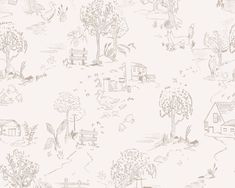 a white wallpaper with trees and houses on it