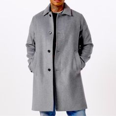 Classic Mac Coat In A Wool-Blend Fabric, Featuring A Button-Up Front, Fold-Down Collar, Interior Chest Pocket, Side Pockets And Luxe Interior Lining. Lining: 55% Polyester, 45% Viscose / Shell: 50% Polyester, 40% Wool, 5% Acrylic, 3% Cotton, 1% Viscose, 1% Nylon Gray Single-breasted Button-up Outerwear, Gray Button-up Outerwear With Button Cuffs, Gray Workwear Outerwear With Snap Buttons, Tailored Outerwear With Button Cuffs For Business Casual, Tailored Winter Outerwear For Everyday, Tailored Everyday Winter Outerwear, Gray Snap Button Outerwear For Work, Collared Wool Outerwear With Snap Buttons, Gray Fitted Button-up Outerwear