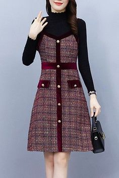 Black and red tweed wool midi dress with long sleeves. Perfect for spring and winter to keep you warm. Korean fashion elegant dressy classy style for women and lady. Tight fit. Fall Party Tweed Dress Knee-length, Fall Party Knee-length Tweed Dress, Chic Knee-length Tweed Dress For Fall, Tweed Midi Dress For Party, Chic Knee-length Tweed Midi Dress, Fall Midi-length Tweed Dress, Elegant Sleeveless Tweed Dress For Winter, Sleeveless Tweed Dress For Winter, Winter Midi-length Tweed Dress