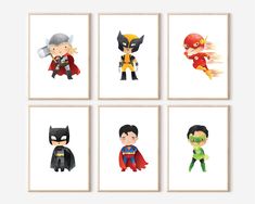 four pictures of superheros in different poses, each with their own name on them