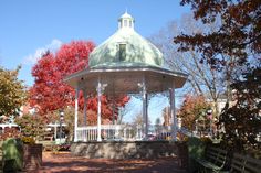 a white gazebo surrounded by trees with red leaves