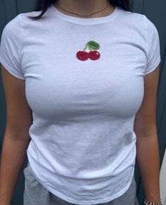 Bead embroidered cherry design top  -handmade Casual Fitted Top With Custom Embroidery, Trendy Cherry Colored Tops For Summer, White Fitted Tops With Custom Embroidery, Trendy Top With Custom Embroidery For Spring, Cute Fitted Top With Custom Embroidery, Spring Casual Embellished Tops, Casual Embellished Tops For Spring, Trendy Tops With Custom Embroidery For Spring, Cute Fitted Tops With Custom Embroidery