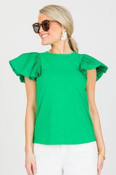 Poplin flutter sleeves give this simple knit top such a cute and preppy vibe. The body is made up of a knit poly-blend that offers comfortable stretch. Stretch Green Knit Top For Spring, Big Puffy Sleeves, Professional Dresses For Work, Professional Dress, Dress For Work, Professional Dresses, Puffy Sleeves, Green Tops, Kelly Green