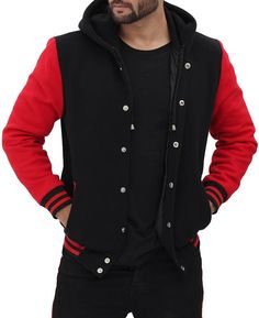 Men's Hooded Black and Red Varsity Jacket
Try this astonishing Red and Black Varsity Jacket With Hood for your casual use. It has a slim cut style, rib-knit collar, cuffs and hems, and central button closure. Its big hood will keep you warm in winter and enhance the appealing appearance. Impeccable quality and modern style varsity jacket is only one click away from you. Get yours today. Red Varsity Jacket With Ribbed Cuffs For Fall, Varsity Hoodie For Winter, Varsity Style Hoodie For Winter, Winter Varsity Hoodie Outerwear, Red Hooded Varsity Jacket For Fall, Winter Sports Hooded Varsity Jacket, Hooded Varsity Jacket With Pockets For Winter, Casual Fitted Varsity Jacket For Winter, Hooded Varsity Jacket For Winter