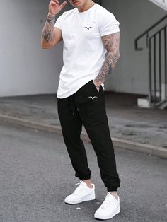 Men Bird Print Tee & Drawstring Waist Sweatpants Black and White Casual  Short Sleeve Fabric Animal  Slight Stretch  Men Clothing, size features are:Bust: ,Length: ,Sleeve Length: Black Joggers Outfit, Jogger Outfit, Black Outfit Men, Long Pants Outfit, Sneaker Outfits, Pants Outfit Men, Black Pants Men, Dope Outfits For Guys, Joggers Outfit