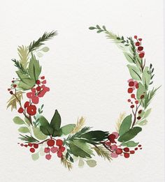 watercolor painting of holly wreaths and berries on white paper with green leaves, red berries