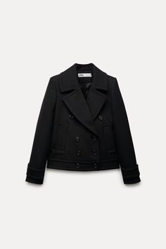 Get ready to turn heads with this stunning Zara double-breasted wool short coat/jacket in black, size M. The classic fit and solid pattern make it perfect for any occasion, from travel to business meetings. The jacket features a button closure and long sleeves, making it suitable for fall, winter, and spring seasons. Made from a high-quality blend of 64% polyester, 35% wool, and 1% elastane, the outer shell material gives the jacket a luxurious look and feel. The coat also comes with a 100% viscose lining material to keep you warm and comfortable. This stylish pea coat has all the qualities of a wardrobe staple and is a must-have for any fashion-savvy woman. Classic Black Wool Coat With Double-breasted Buttons, Black Wool Coat With Double-breasted Button And Notch Lapel, Classic Black Double-breasted Wool Coat, Black Wool Coat With Double-breasted Buttons, Black Pea Coat With Notch Lapel And Double-breasted Button, Black Double-breasted Wool Coat, Classic Winter Blazer With Double-breasted Buttons, Black Winter Pea Coat With Buttons, Double-breasted Wool Blazer With Button Cuffs