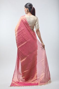 Pink gold pure handloom zari tissue saree with running blouse piece. - Aza Fashions Cotton Silk Pre-draped Saree For Puja With Zari Weaving, Celebration Cotton Silk Saree With Zari Work, Cotton Silk Pre-draped Saree With Zari Work For Celebration, Celebration Cotton Silk Pre-draped Saree With Zari Work, Gold Pre-draped Saree With Unstitched Blouse In Slub Silk, Gold Pre-draped Saree With Unstitched Blouse, Celebration Cotton Silk Pre-draped Saree With Dupatta, Celebration Handloom Chanderi Pre-draped Saree, Cotton Silk Pre-draped Saree With Zari Weaving For Puja