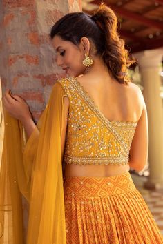 One Shoulder Lehenga, Haldi Outfits, Lehenga Online, Draped Blouse, Red Lehenga, Indian Designer Outfits, Indian Fashion Dresses, Embroidered Silk, Raw Silk