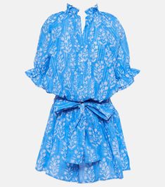 Floral cotton-blend minidress in blue - Juliet Dunn | Mytheresa Cotton Mini Dress With Ruffle Hem For Daywear, Cotton Floral Dress With Ruffles For Vacation, Cotton Floral Mini Dress For Daywear, Cotton Floral Print Mini Dress For Daywear, Chic Printed Cotton Mini Dress, Floral Mini Dress With Ruffles For Daywear, Cotton Floral Mini Dress With Ruffles, Mini Floral Dress With Ruffles For Daywear, Chic Cotton Mini Dress With Floral Print