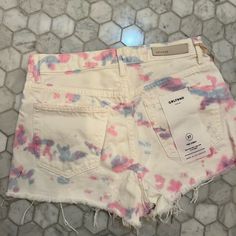 White Jean Shorts With Pink And Blue Tie Dye! Nwt Pink And Blue Tie Dye, High Rise Denim Jeans, White Jean Shorts, Boyfriend Shorts, High Waisted Jean Shorts, High Rise Denim Shorts, Denim Cutoff Shorts, Blue Jean Shorts, Jeans For Short Women