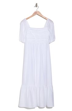 A pleated bodice and empire waist define this midi dress designed to be your next weekend favorite. 48" length (size Small) Square neck Short sleeves 100% polyester Hand wash, dry flat Imported Daywear Maxi Dress With Ruched Bodice And Empire Waist, White Summer Midi Dress With Pleated Waist, Summer Dresses With Square Neck And Pleated Waist, Ruched Midi Dress For Daywear, White Midi Dress With Ruched Bodice, Casual Billowy Dress With Gathered Neckline, White Ruched Bodice Maxi Dress For Daywear, White Maxi Dress With Ruched Bodice For Daywear, Pleated Sundress Midi Dress For Brunch