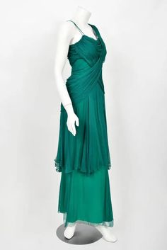 Vintage 1950's Irene Lentz Couture Teal Green Draped Silk Grecian Goddess Gown For Sale at 1stDibs Pre-draped Green Evening Dress, Green Draped Silk Dress, Green Pre-draped Evening Gown, Pre-draped Green Evening Dress With Fitted Bodice, Green Pre-draped Evening Dress With Fitted Bodice, Green Draped Evening Gown, Green Pre-draped Evening Dress For Formal Events, Green Draped Evening Dress, Fitted Silk Chiffon Cocktail Gown