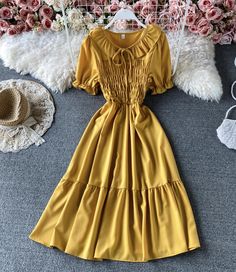 Cute A line short dress fashion dress Fabric: fabric Color: black, red, blue, yellow Size(cm): free size length 105 bust 64-106 waist 60-92 Trendy A-line Dress With Ruffles, Yellow A-line Midi Dress With Ruffles, Trendy Non-stretch Mini Length Dresses, Yellow A-line Mini Dress With Ruffles, Elegant Mini Sundress In Solid Color, Elegant Yellow Mini Sundress, Trendy Solid Color A-line Mini Dress, Knee-length Sundress In Solid Color, Solid Color Knee-length Sundress