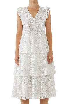 Frilly ruffles on lace define this breezy midi dress with a tiered skirt that serves up major boho energy. V-neck Cap sleeves Lined 100% polyester Hand wash, dry flat Imported Rose Lace, Tiered Midi Dress, Lace Ruffle, White Midi Dress, Tiered Skirt, Nordstrom Dresses, Cap Sleeves, Ruffles, Top Brands