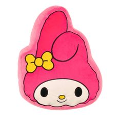 a pink hello kitty shaped pillow with a bow on it's head and eyes