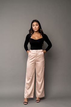 Lindsey Stovepipe Trouser Created in collaboration with Lindsey of The Motherchic. Paired with our Megan Knit Sweetheart Neck Bodysuit. Casual Satin Dress, Satin Pant, Satin Trousers, Satin Pants, Holiday Essentials, Pink Pants, Dress Pant, Sweetheart Neck, Satin Dress