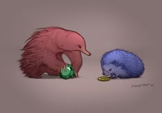 two hedgehogs playing with each other in front of a green and pink object