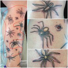 four different pictures of spider tattoos on the thighs and legs, all showing their markings