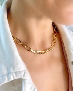 "Large Paperclip Link Style Chains - Great pieces to compliment any style! We offer a variety of lengths, these chains are perfect for pendants! ★ Made with a high quality materials, 18k gold filled overlay, hypoallergenic, lead and nickel free - See Care Tips Below. ★Model is wearing our 16\" Necklace - Available Lengths: 15\", 16\", 18\", 20\" (18 +2\" Ext) ★NECKLACE SIZING: Please measure your neck for correct necklace size before ordering to ensure proper fit. NECKLACE SIZE CHART: These meas Trendy Paperclip Chain Jewelry, Modern Chunky Chain Link Jewelry, Modern Jewelry With Chunky Chain And Rectangular Links, Modern Chunky Link Jewelry, Modern Necklaces With Chunky Chain, Modern Necklace With Chunky Chain Links, Bold Chunky Chain Jewelry Gift, Modern Chunky Chain Link Necklace, Modern Chain Link Necklace