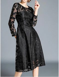 Women's Party Dress Lace Dress Swing Dress Midi Dress Wine Red Black Blue Long Sleeve Pure Color Lace Winter Fall Spring Crew Neck Elegant Party Winter Dress Wedding Guest Winter Dress Wedding, Party Dress Lace, Midi Party Dress, Dress Wine, Lace Formal Dress, Dress Wedding Guest, Different Dresses, Midi Cocktail Dress, Winter Dress