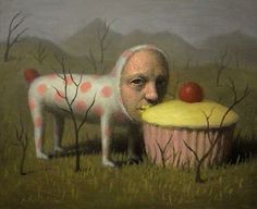 a painting of a dog eating something out of a cupcake with apples on it